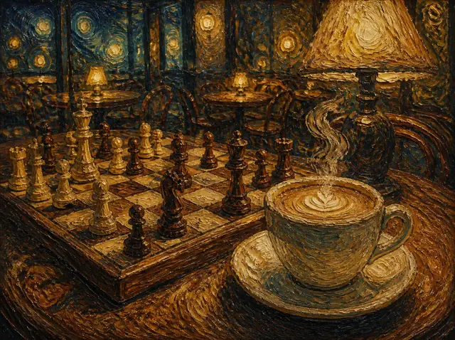 Ilustración al óleo de una partida de ajedrez junto a una taza de café
