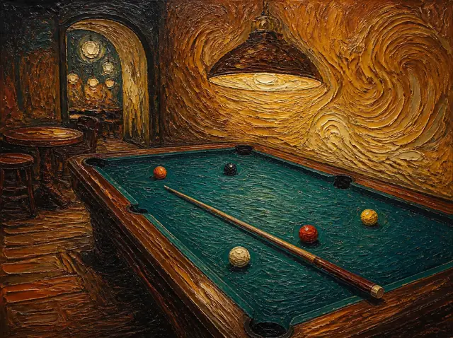 Ilustración al óleo de una mesa de billar bajo una lámpara