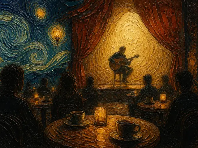 Ilustración al óleo de un músico con guitarra en un pequeño escenario de café