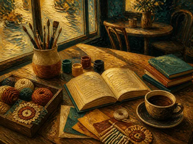 Ilustración al óleo de una mesa con libros, pinceles, estambre y una taza de café